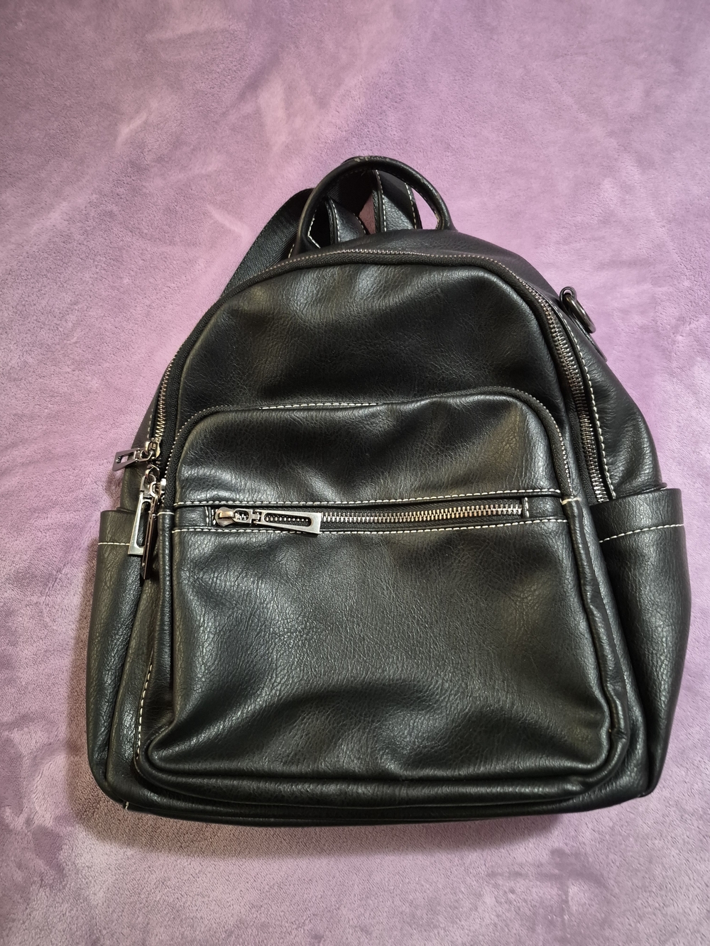 Source Unknown Black Faux Leather Backpack with Front Zip Pocket